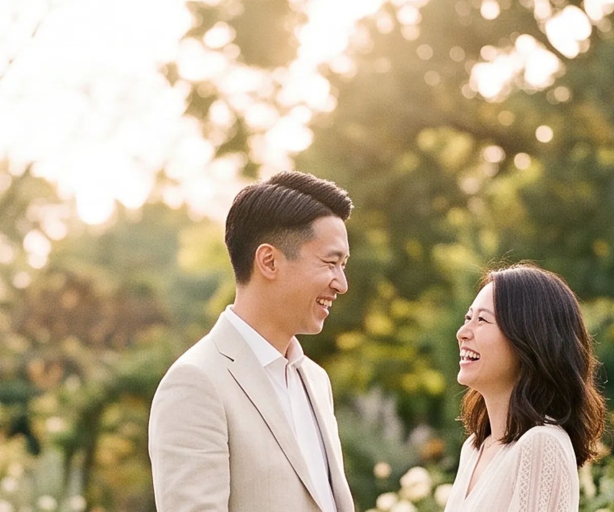 屋外で笑顔を交わす新郎新婦
